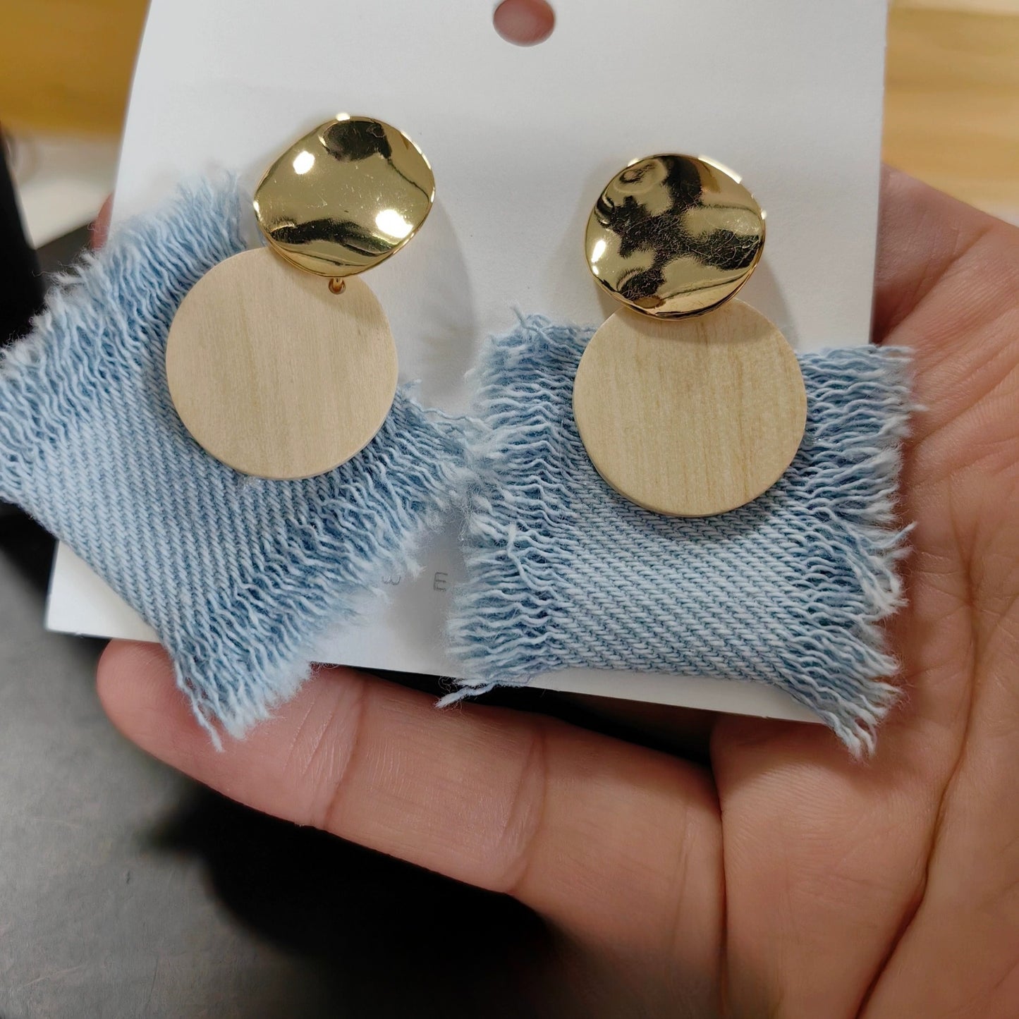 Original Denim and Gold Earrings with Frayed Edges and Leather Circle Design - Elegant, Trendy, and Sophisticated, Casual and Special Occasions for Women