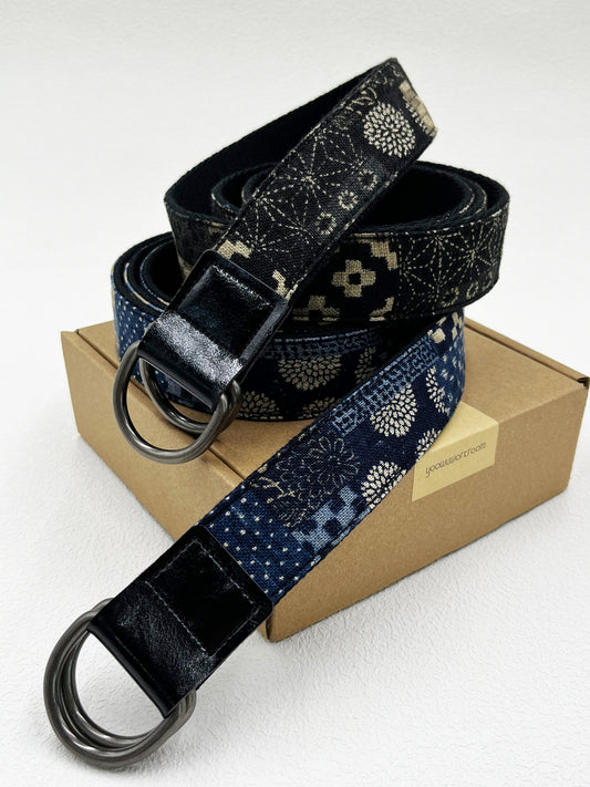 Original Indigo Patchwork Denim fabric laminated Canvas Fabric Belt with Sashiko Embroidery - Artisanal Vintage Style for Cultural Fashion and Streetwear for Men