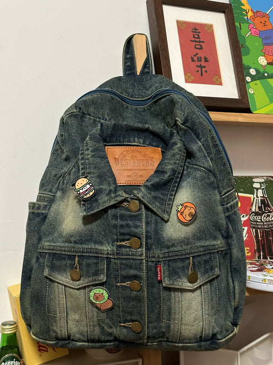 Original Denim Jacket-Style Backpack with Vintage Wash and Decorative Pins - Retro Casual Design for Daily Use, School, and Travel for Unisex