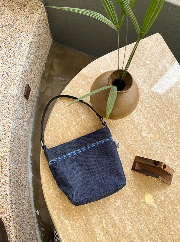 Original Denim Hand Bag with Embroidered Accents and Leather Handle - Casual Chic Style for Daily Outings and Shopping for Women