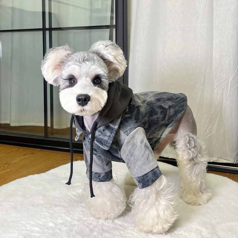 Original Washed Denim Dog Hoodie with Patchwork Design and Black Hood - Trendy and Urban Style for Streetwear and Photoshoots for Pets