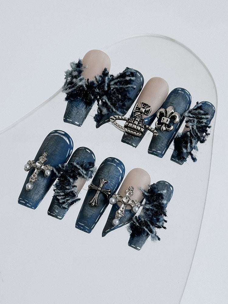 Original Denim Gothic Nail Art Set with Cross and Crown Embellishments - Bold, Edgy, Fashionable Design for Special Occasions and Photoshoots for Women