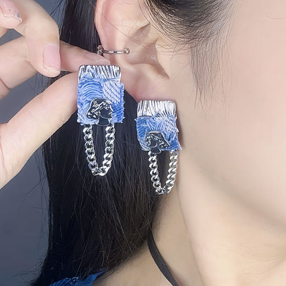 Original Denim and Silver Earrings with Embossed Head and Chain Design - Bold, Edgy, Artistic Style Fashion-forward Looks for Women