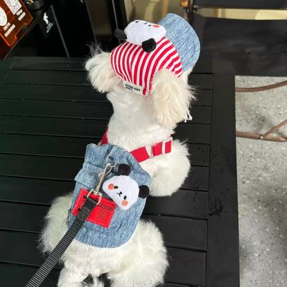 Original Denim Panda Pet Outfit with Matching Hat - Cute and Playful Style for Walks, Outings, and Photoshoots for Pets