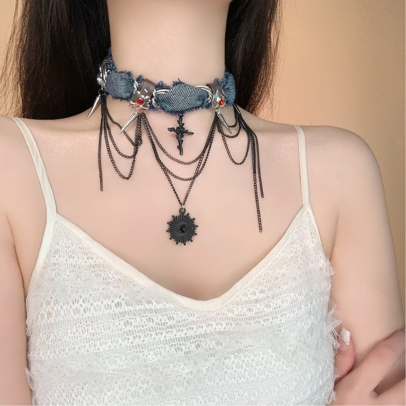 Trendy Denim Chain Necklace with Spikes and Cross Pendant - Bold Design, Ideal for Evening Wear, Concerts, and Street Style for Women