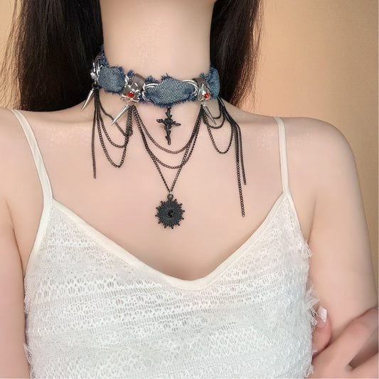 Trendy Denim Chain Necklace with Spikes and Cross Pendant - Bold Design, Ideal for Evening Wear, Concerts, and Street Style for Women