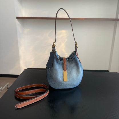 Original Denim Hand Bag with Leather Accents and Drawstring Closure - Casual, Practical, Stylish Design for Everyday Use and Casual Outings for Women