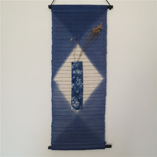 Original Denim Style Burlap Texture Wall Hanging with Indigo-Dyed Geometric and Floral Accents - Artistic and Minimalist Design for Home Decor, Meditation Spaces, and Cultural Aesthetics for Unisex