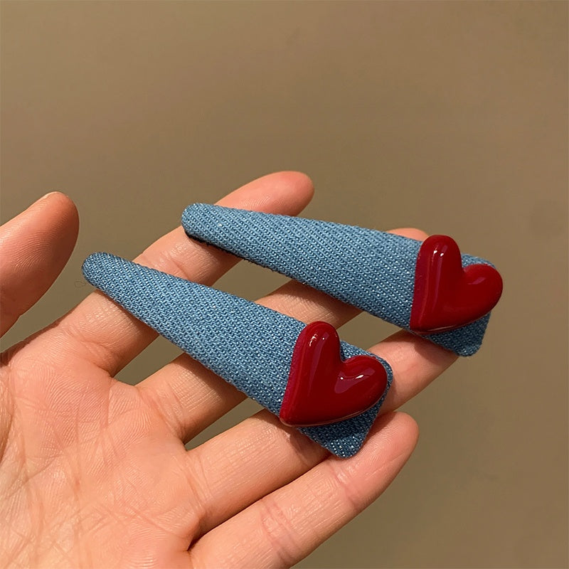 Original Denim Heart Hair Clips with Glossy Red Accents - Playful and Stylish Design for Casual Wear, Dates, and Gifting, Offering Charm and Trendy Appeal for Women