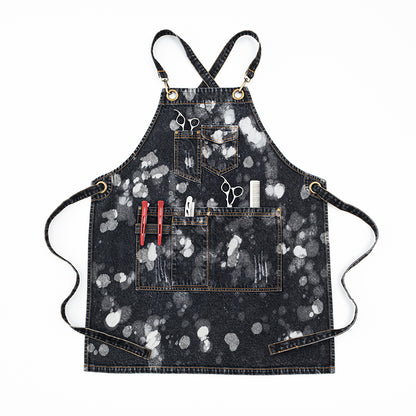 Trendy Black Denim Apron with White Splatter Design - Practical, Stylish, and Durable, Ideal for Cooking, Crafting, and DIY Projects  for Unisex