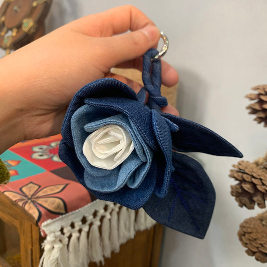 Trendy Denim Flower Keychain with Elegant Petal Design - Feminine, Chic Style for Everyday Carry and Fashion Accessories for Unisex