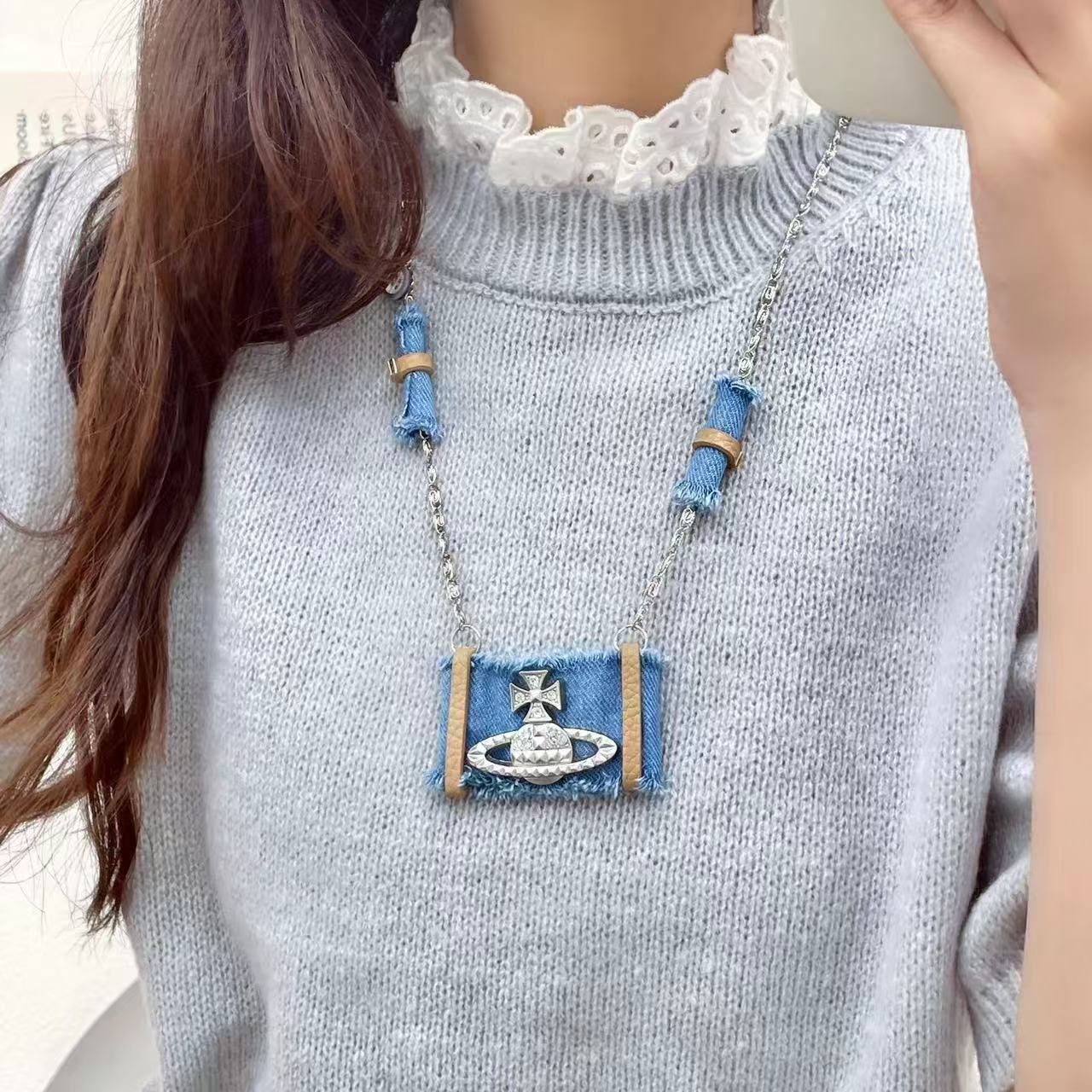 Trendy Denim Pendant Necklace with Crystal Planet Design - Modern, Playful, and Elegant, Perfect for Everyday Wear and Casual Outings for Women