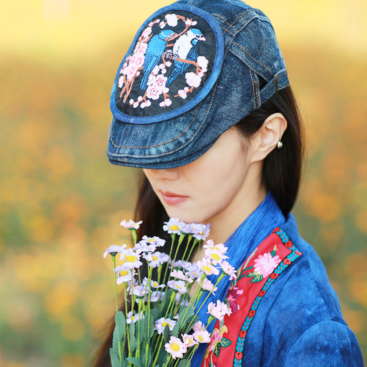 Original Denim Baseball Cap with Bird and Floral Embroidery Design - Artistic, Stylish Protection for Casual Outings and Outdoor Activities for Women