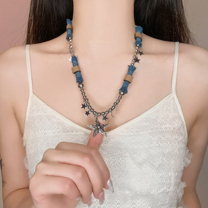 Original Denim and Star Charm Necklace with Silver-Toned Accents - Edgy Celestial Style for Casual Outings, Parties, and Statement Styling, Offering Unique and Eye-Catching Appeal for Women