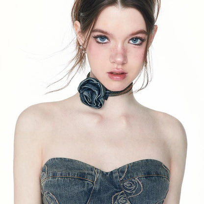 Trendy Denim Flower Choker - Chic, Fashionable Design, Perfect for Casual Wear and Fashion Events for Women