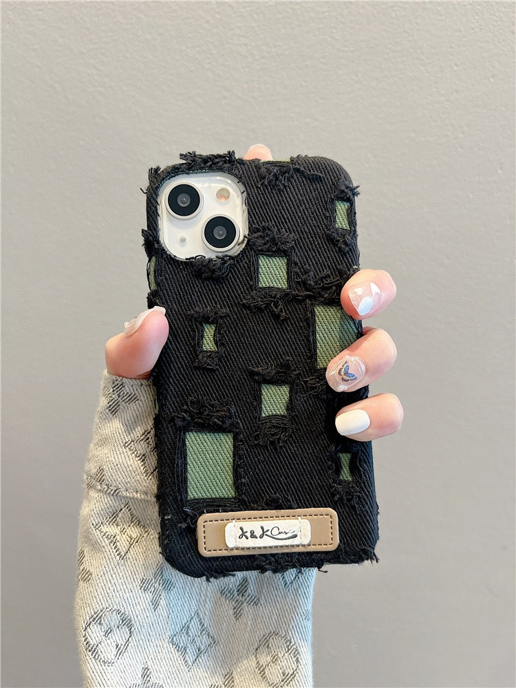 Trendy Denim Phone Case with Distressed Patches Style and Green Fabric Inserts - Stylish Protection for Everyday Use for Unisex