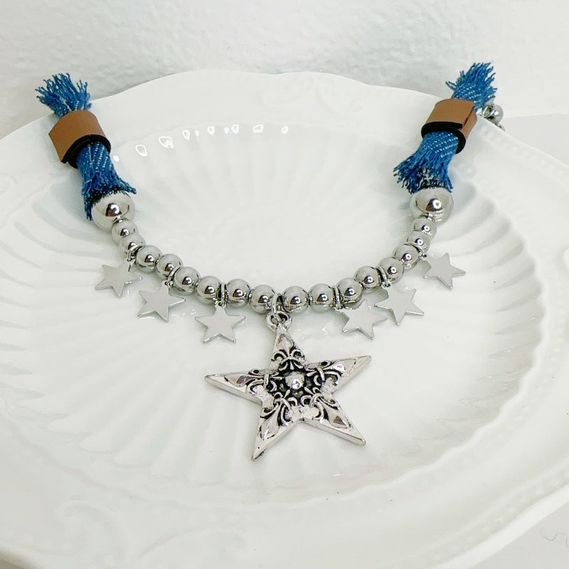 Original Denim and Star Charm Necklace with Silver-Toned Accents - Edgy Celestial Style for Casual Outings, Parties, and Statement Styling, Offering Unique and Eye-Catching Appeal for Women