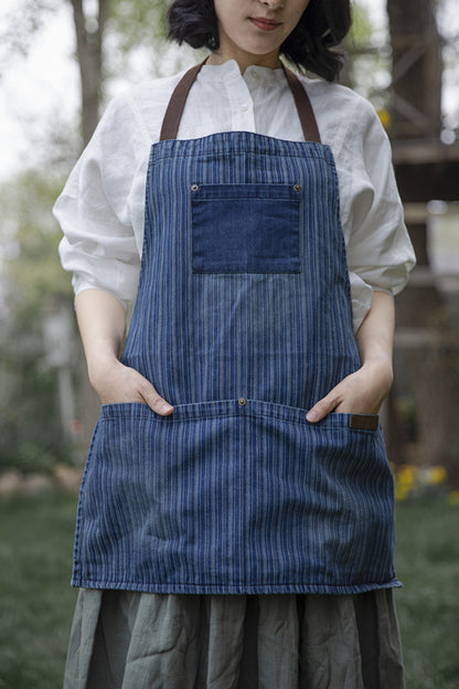 Trendy Denim Apron with Striped Pattern and Leather Straps - Practical, Stylish Protection for Home Cooking, Gardening, and Crafting, Ideal for Unisex