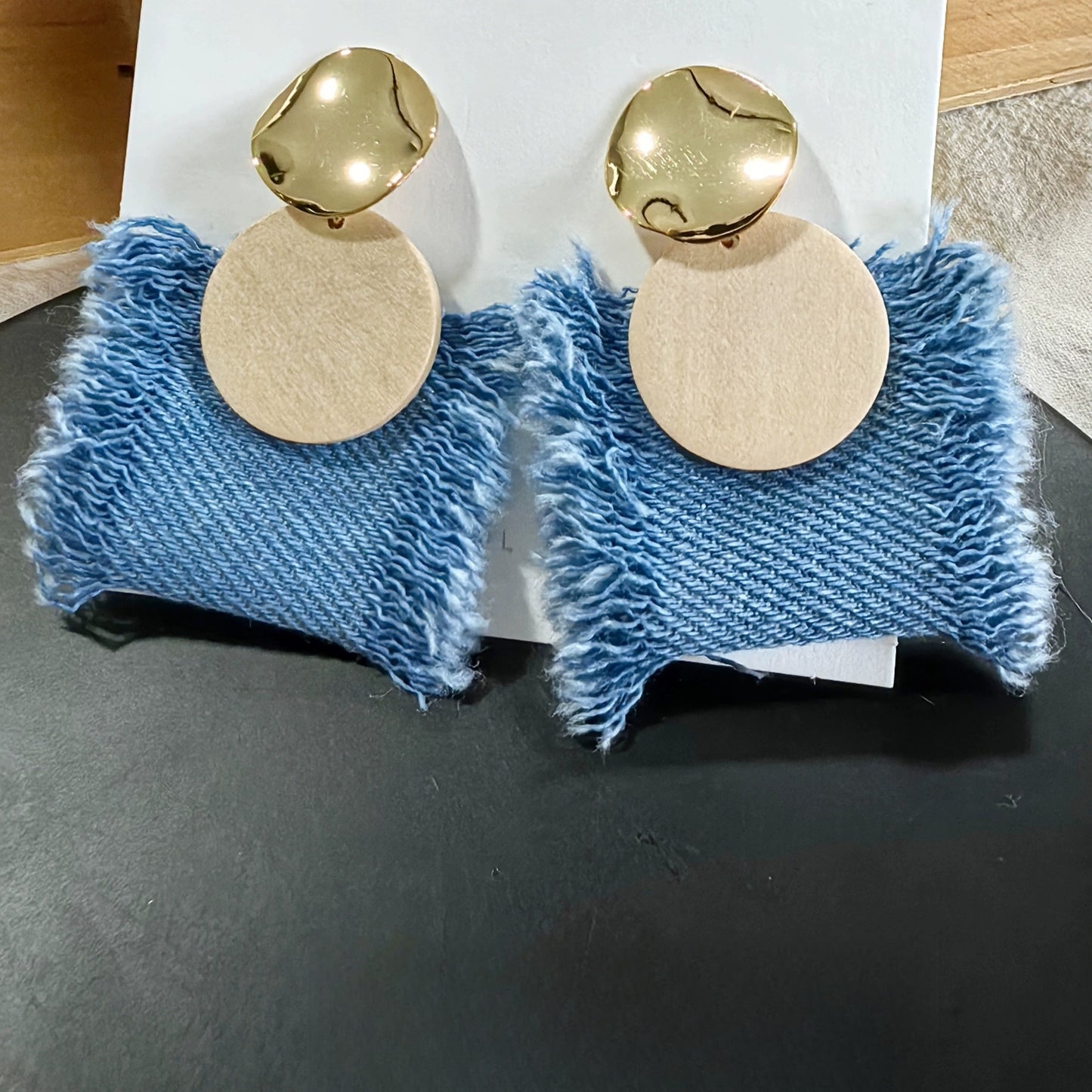 Original Denim and Gold Earrings with Frayed Edges and Leather Circle Design - Elegant, Trendy, and Sophisticated, Casual and Special Occasions for Women