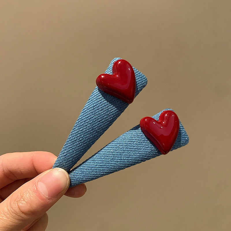 Original Denim Heart Hair Clips with Glossy Red Accents - Playful and Stylish Design for Casual Wear, Dates, and Gifting, Offering Charm and Trendy Appeal for Women