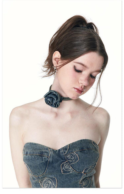 Trendy Denim Flower Choker - Chic, Fashionable Design, Perfect for Casual Wear and Fashion Events for Women