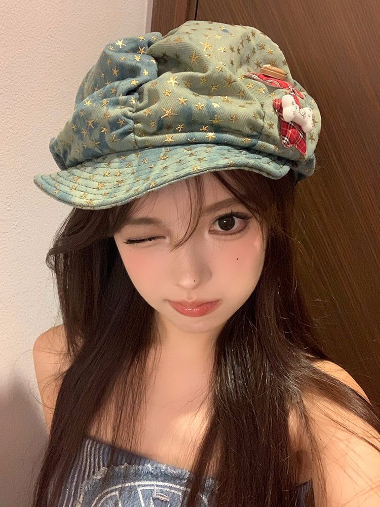 Trendy Starry Denim Beret Cap with Cute Bear Patch - Fashionable and Playful Design for Young Women