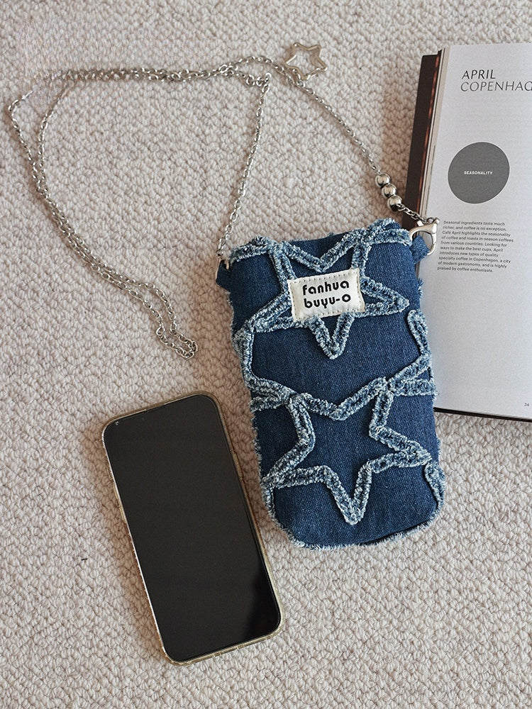 Original Denim Crossbody Phone Bag with Stitched Star and Heart Patterns - Trendy and Youthful Design for Casual Outings, Travel, and Shopping, Offering Compact Convenience and Stylish Appeal for Women