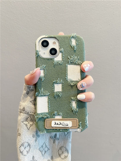 Trendy Denim Phone Case with Distressed Patches Style and Green Fabric Inserts - Stylish Protection for Everyday Use for Unisex