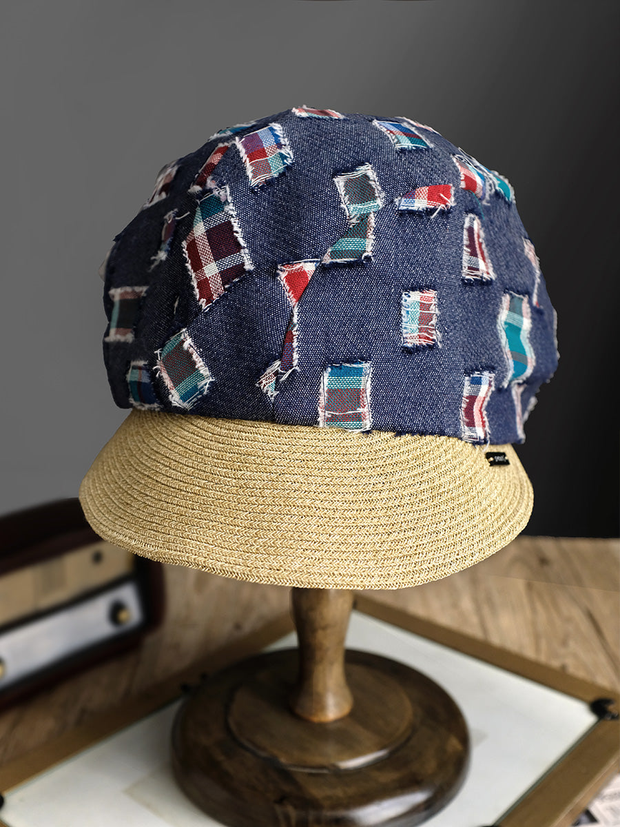 Trendy Patchwork Beret Cap with Colorful Plaid Patches and Straw Brim - Unique Streetwear Design for Casual Outings and Outdoor Events for Unisex