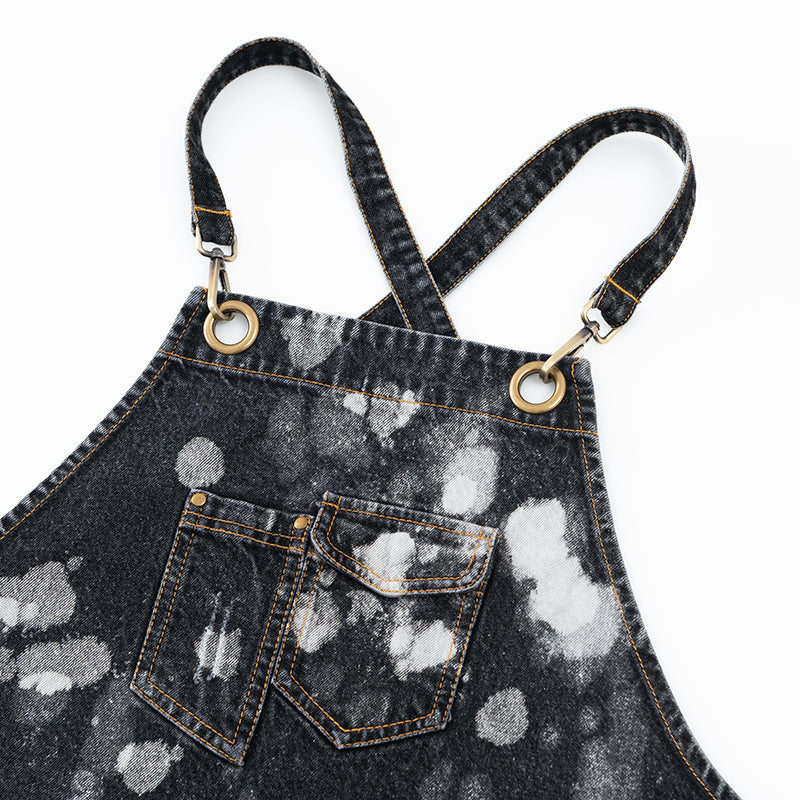 Trendy Black Denim Apron with White Splatter Design - Practical, Stylish, and Durable, Ideal for Cooking, Crafting, and DIY Projects  for Unisex