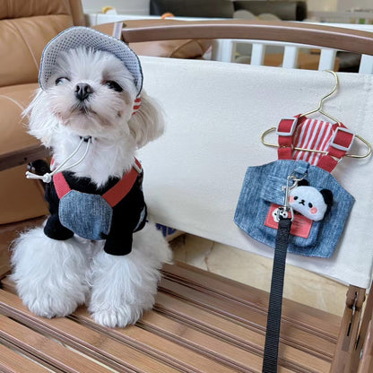 Original Denim Panda Pet Outfit with Matching Hat - Cute and Playful Style for Walks, Outings, and Photoshoots for Pets