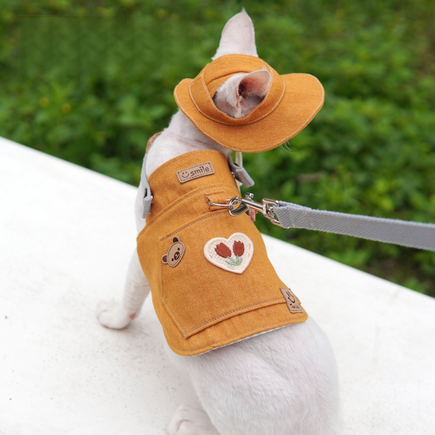 Original Orange Denim Pet Outfit with Embroidered Accents and Matching Hat - Cute and Playful Style for Outdoor Walks and Photoshoots for Pets