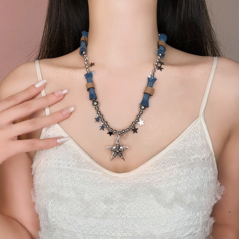 Original Denim and Star Charm Necklace with Silver-Toned Accents - Edgy Celestial Style for Casual Outings, Parties, and Statement Styling, Offering Unique and Eye-Catching Appeal for Women