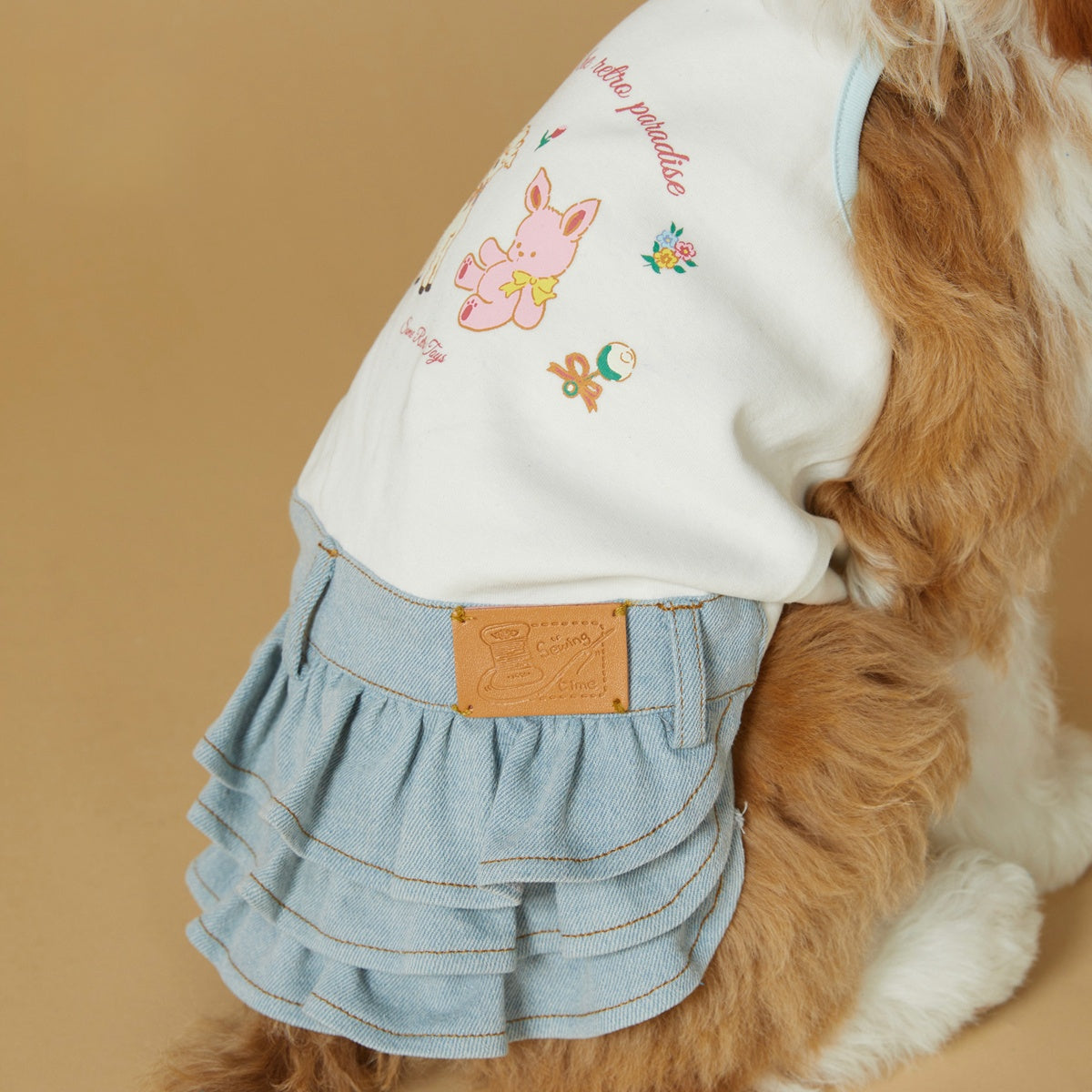 Original Denim Pet Dress with Ruffled Skirt and Cute Printed Top - Adorable and Playful Design, Perfect for Casual Wear, Photoshoots, and Special Occasions for Pets