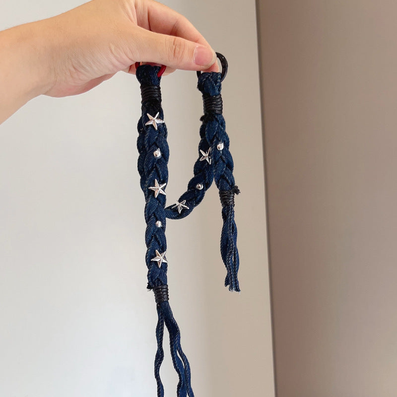 Original Denim Braided Style Accessory with Silver Star Embellishments - Edgy Handcrafted Design for Streetwear and Casual Fashion for Women