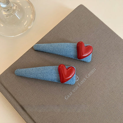 Original Denim Heart Hair Clips with Glossy Red Accents - Playful and Stylish Design for Casual Wear, Dates, and Gifting, Offering Charm and Trendy Appeal for Women