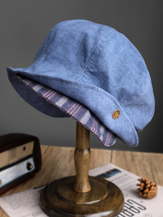 Original Gray Beret Cap with Plaid Lining and Vintage Button Design - Retro Style and Comfort for Casual Outings and Outdoor Activities for Women