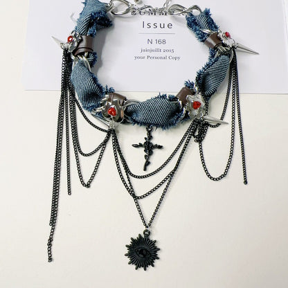 Trendy Denim Chain Necklace with Spikes and Cross Pendant - Bold Design, Ideal for Evening Wear, Concerts, and Street Style for Women