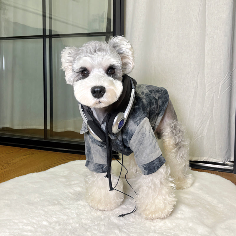 Original Washed Denim Dog Hoodie with Patchwork Design and Black Hood - Trendy and Urban Style for Streetwear and Photoshoots for Pets