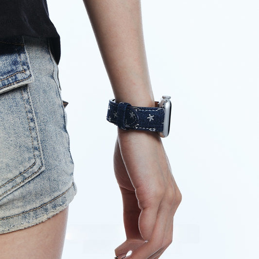 Original Denim Smartwatch Strap with Star Embroidery - Stylish and Durable Design for Unisex