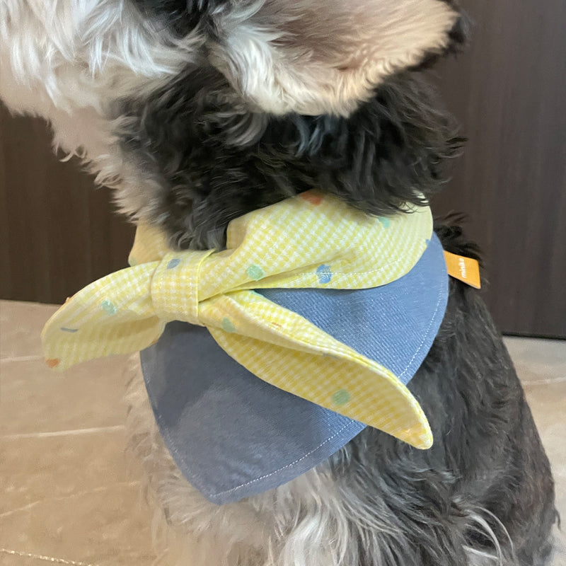 Original Denim Pet Bandana with Gingham Bow Tie and Polka Dots - Cute and Playful Design, Ideal for Daily Wear and Photo Shoots for Pets