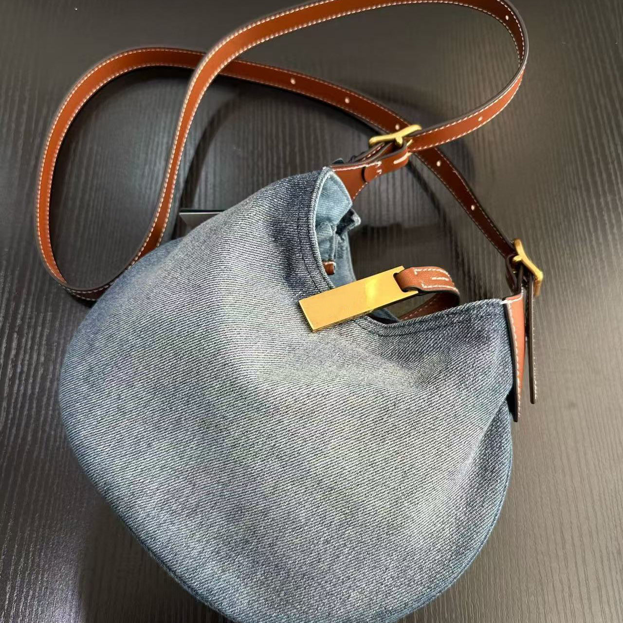 Original Denim Hand Bag with Leather Accents and Drawstring Closure - Casual, Practical, Stylish Design for Everyday Use and Casual Outings for Women