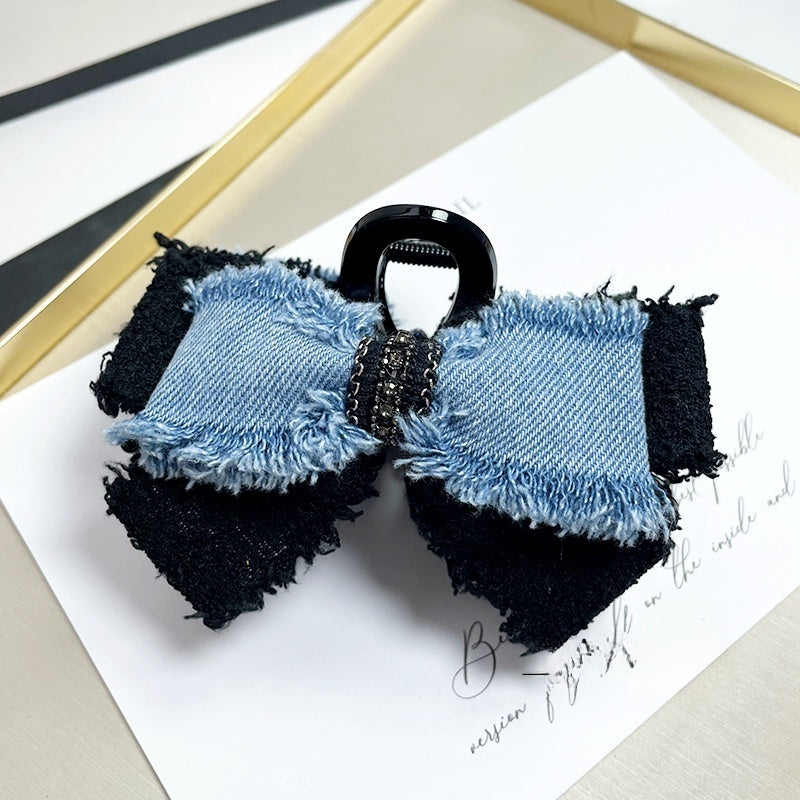 Original Denim and Black Fabric Bow Hairpin with Chain Accent Style - Chic and Edgy , Casual Wear and Special Occasions for Women