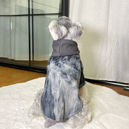 Original Washed Denim Dog Hoodie with Patchwork Design and Black Hood - Trendy and Urban Style for Streetwear and Photoshoots for Pets