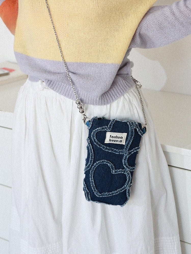 Original Denim Crossbody Phone Bag with Stitched Star and Heart Patterns - Trendy and Youthful Design for Casual Outings, Travel, and Shopping, Offering Compact Convenience and Stylish Appeal for Women