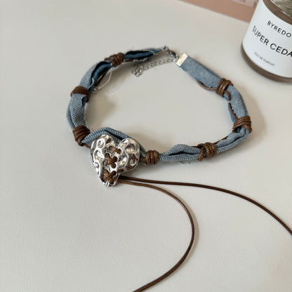 Trendy Denim and Leather Heart-Shaped Choker Necklace with Adjustable Leather Cord - Stylish Bohemian Design for Women