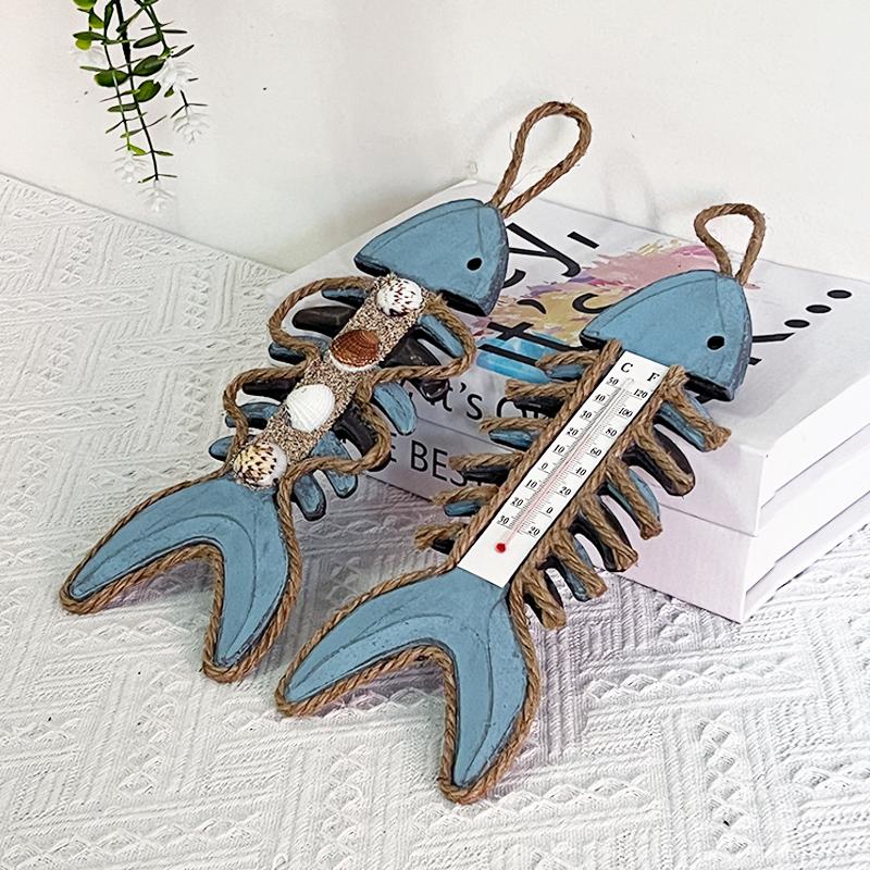 Original Denim Style Wooden Fish Wall Decor with Nautical Design and Thermometer - Rustic Coastal Style for Beach House, Nautical-Themed Spaces, and Home Decoration for Unisex