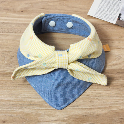 Original Denim Pet Bandana with Gingham Bow Tie and Polka Dots - Cute and Playful Design, Ideal for Daily Wear and Photo Shoots for Pets