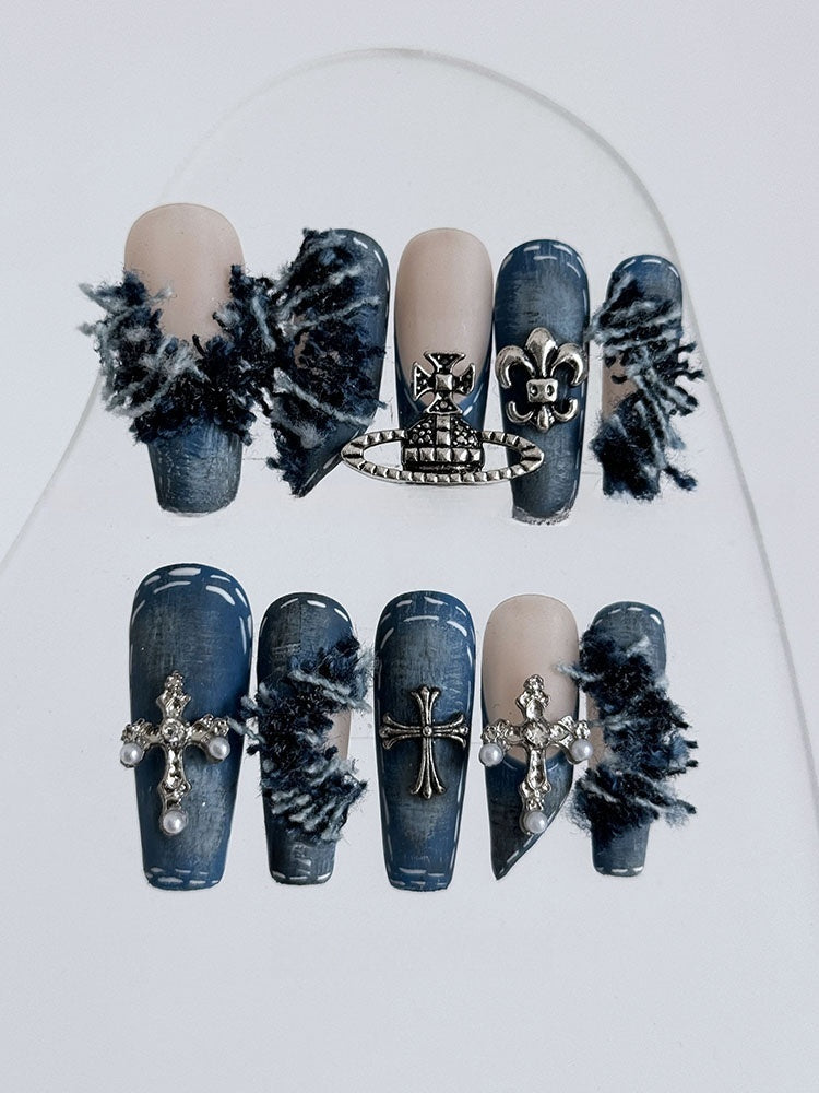 Original Denim Gothic Nail Art Set with Cross and Crown Embellishments - Bold, Edgy, Fashionable Design for Special Occasions and Photoshoots for Women