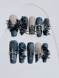 Original Denim Gothic Nail Art Set with Cross and Crown Embellishments - Bold, Edgy, Fashionable Design for Special Occasions and Photoshoots for Women